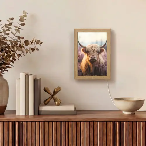 Schotse hooglander - Dieren portret - Bloemen - Dier Light Box met kabel (Tafellamp) klein -sfeer2