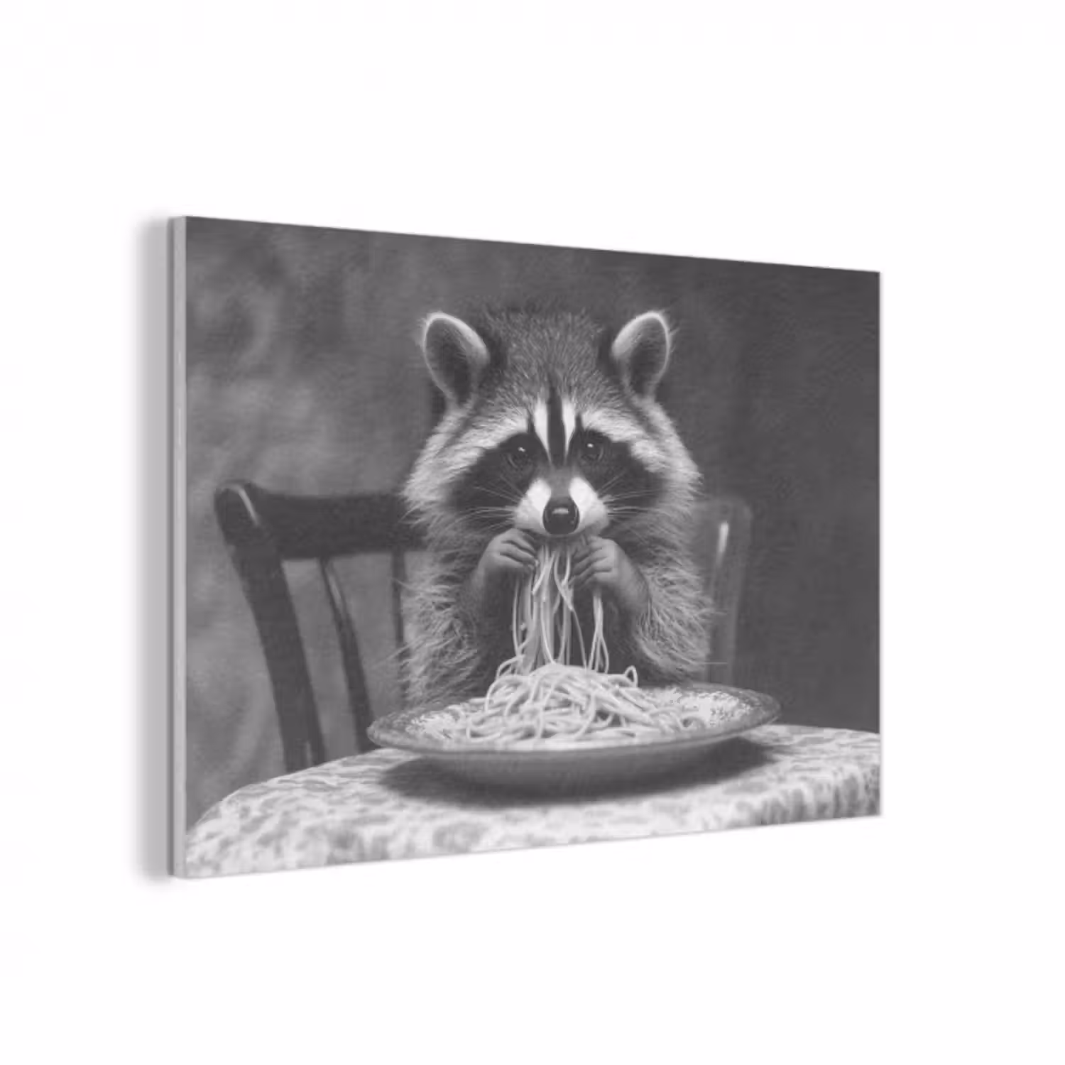 Akustikbild - Waschbär - Niedlich - Pasta - Tischtuch - Schwarz - Weiß