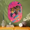 Luipaard - Roze - Oranje - Blauw - Verf Wandcirkel Ovaal Glas middel -sfeer2