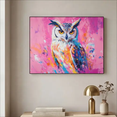 Uil - Roze - Blauw - Verf - Abstract Textielframe zwart klein -sfeer2