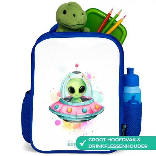 Groene alien in kleurrijke UFO Kinderrugzak - Blauw middel -inhoud_NL