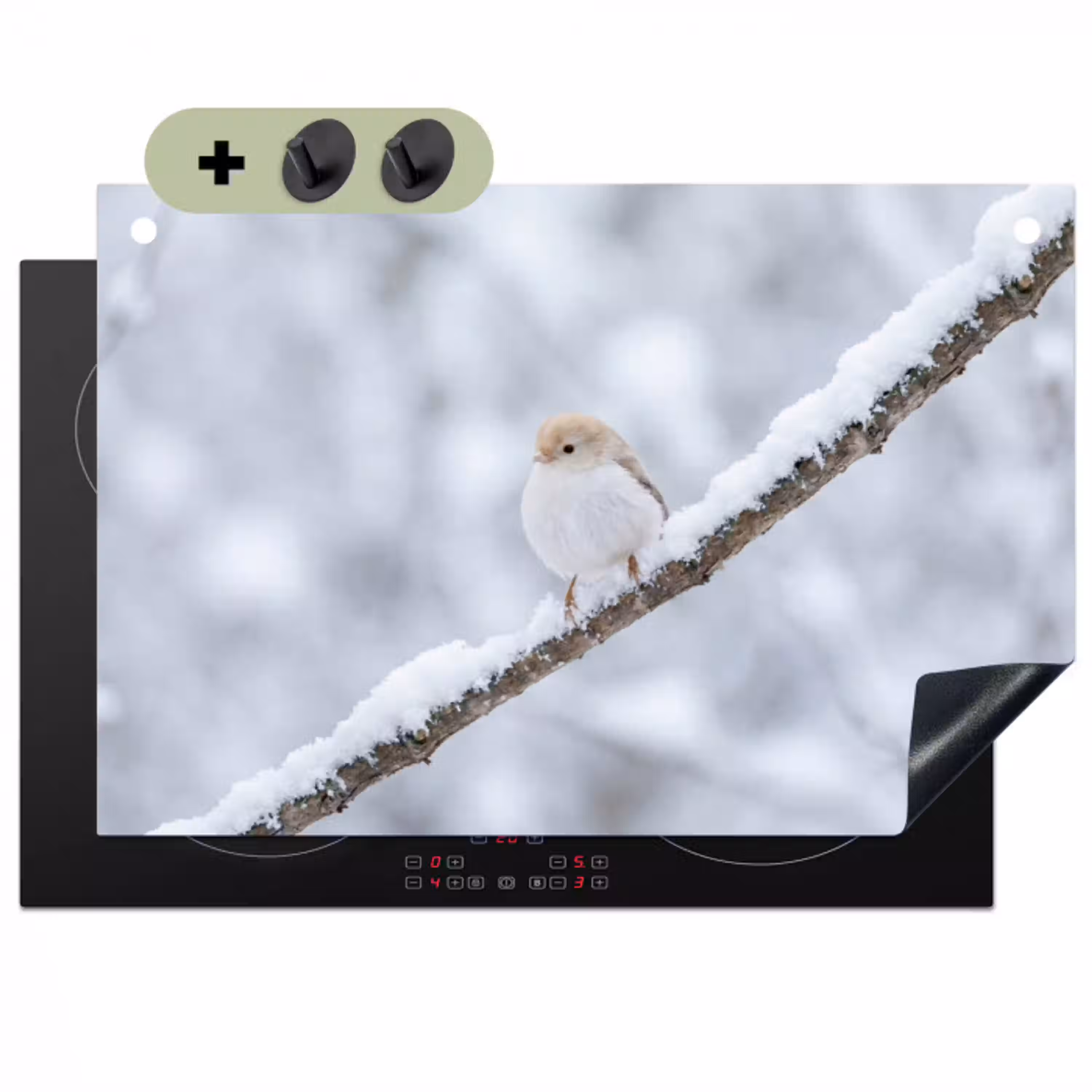 Vogeltje - Sneeuw - Tak - Winter - Zacht Inductie beschemer met haakjes klein -3d
