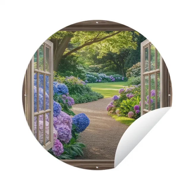 Doorkijk - Tuin - Raam - Hortensia - Bloemen Wandcirkel tuinposter met ringen klein -3d