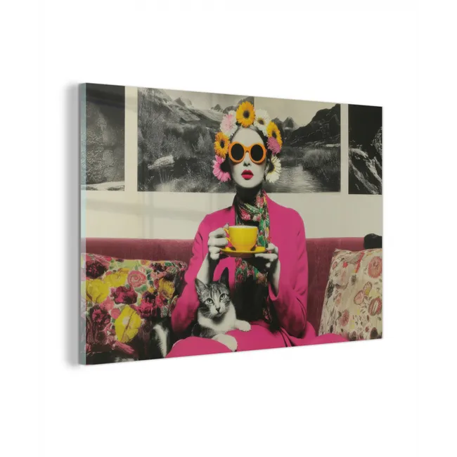 Glas schilderij - Vrouw - Kat - Bloemen - Kopje - Retro