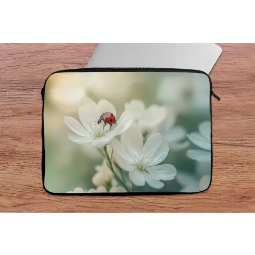 Lieveheersbeestje - Bloemen - Wit laptophoes neopreen klein -tafel