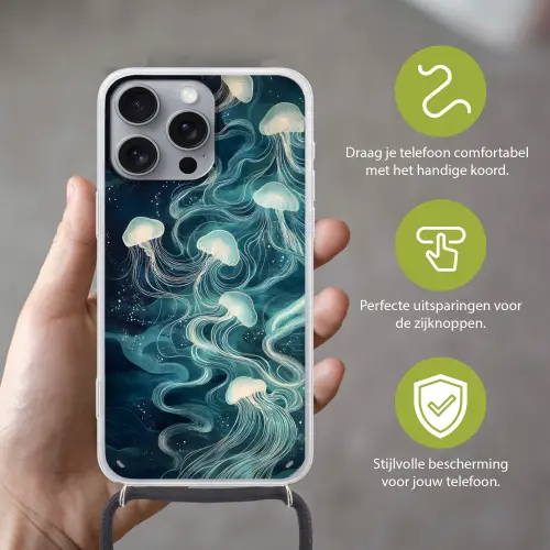 Kwallen - Zee - Wit - Golven Hoesje iPhone 16 Pro Max met koord klein -sfeer2_NL
