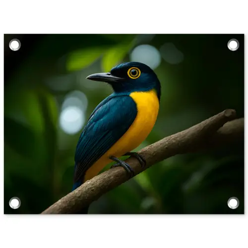 Vogel - Tak - Geel - Bladeren tuinposter los doek klein -3d