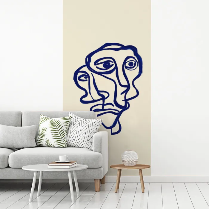 Lijntekening - Overlappende gezichten - Donkerblauw fotobehang vinyl groot -woonkamer