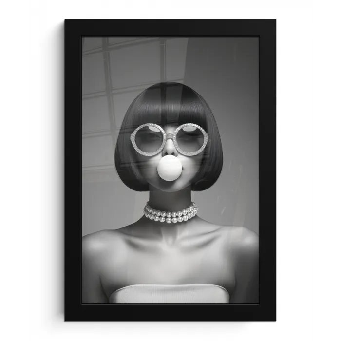 Vrouw - Zwart Wit - Ketting - Zonnebril fotolijst zwart zonder passe partout klein -3d