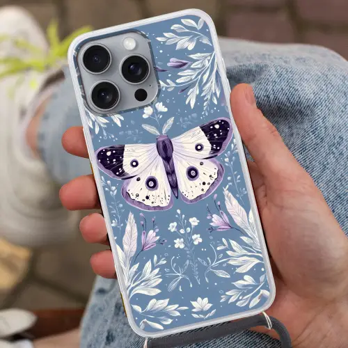 Vlinder - Bloemtakken - Lichtblauw Hoesje iPhone 16 Pro Max met koord klein -sfeer3