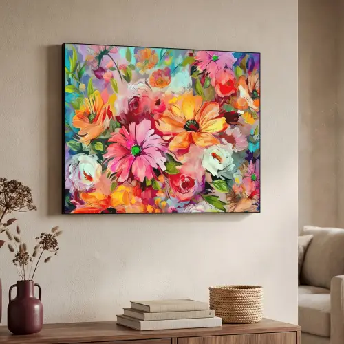 Bloemen - Kleurrijk - Kunst - Olieverf Textielframe zwart klein -sfeer3