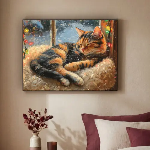 Kat - Kerst - Winter - Dier Textielframe zwart klein -sfeer1