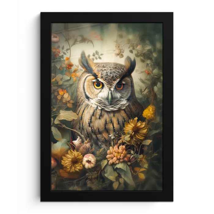 Uil - Vogels - Bloemen - Natuur fotolijst zwart zonder passe partout klein -3d