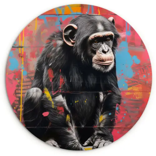 Graffiti - Chimpansee - Dieren - Street art - Banksy Wandcirkel kunststof plaat 5mm dik klein -3d