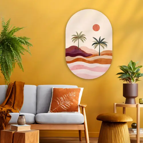 Palmbomen - Abstract - Zon - Heuvels Wandcirkel Ovaal Glas middel -sfeer4