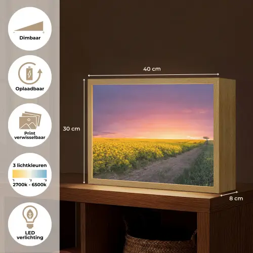 Bloemen - Weg - Lucht - Geel - Paars - Zonsondergang - Natuur Light Box met batterij (Wandlamp) middel -USP_websiteoverzichtNL
