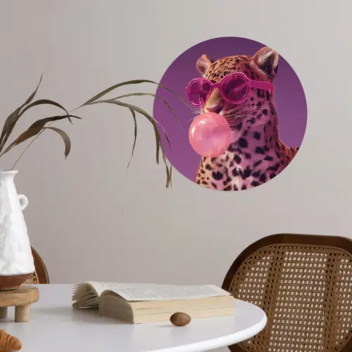 Panter - Zonnebril - Kauwgombel - Roze Wandcirkel behangsticker klein -sfeer3