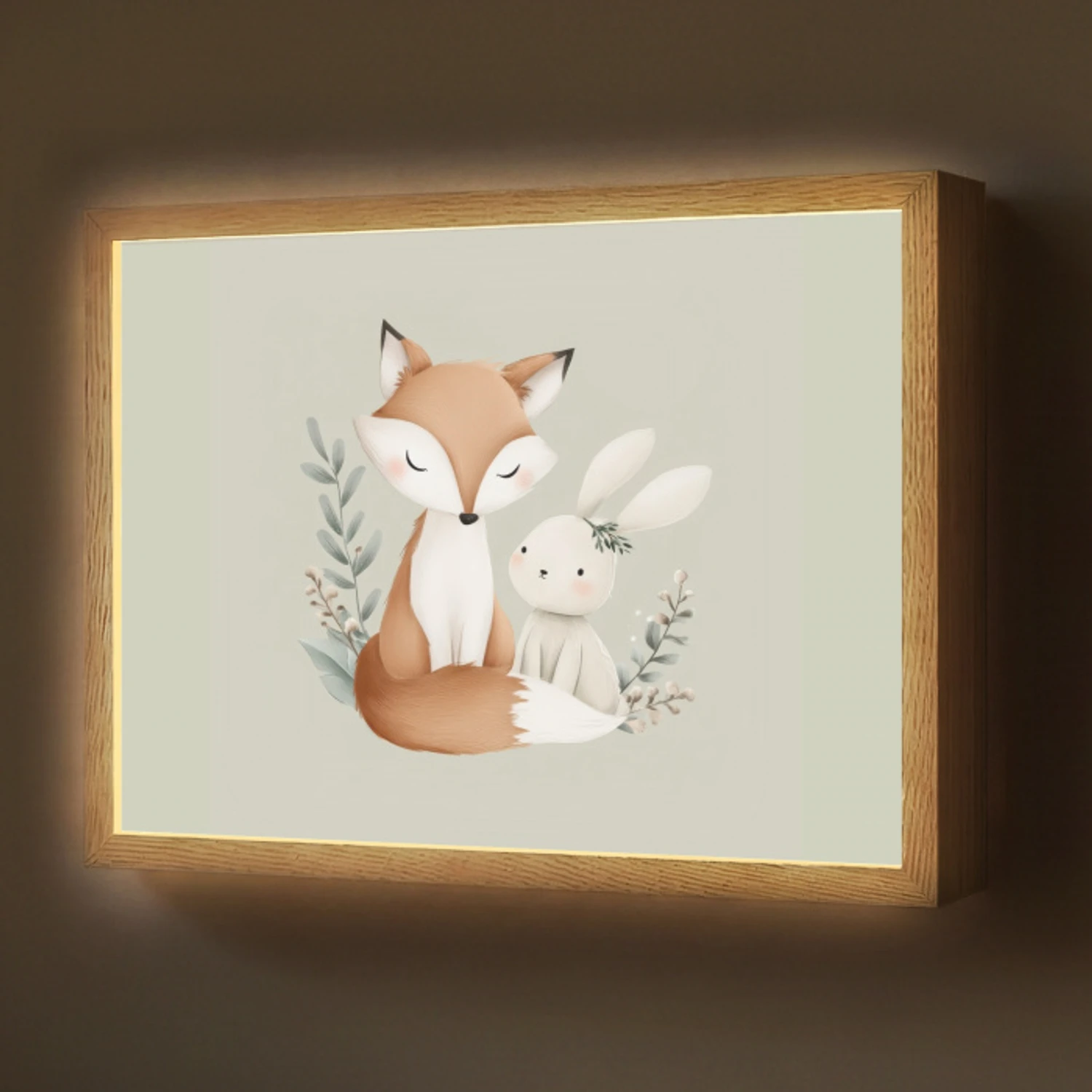 Illustratie - Vos - Konijn - Bladeren Light Box met batterij (Wandlamp) middel -z3d_website