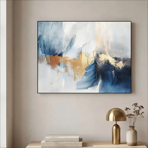 Goud - Blauw - Verf - Kunst - Modern Textielframe zwart klein -sfeer2