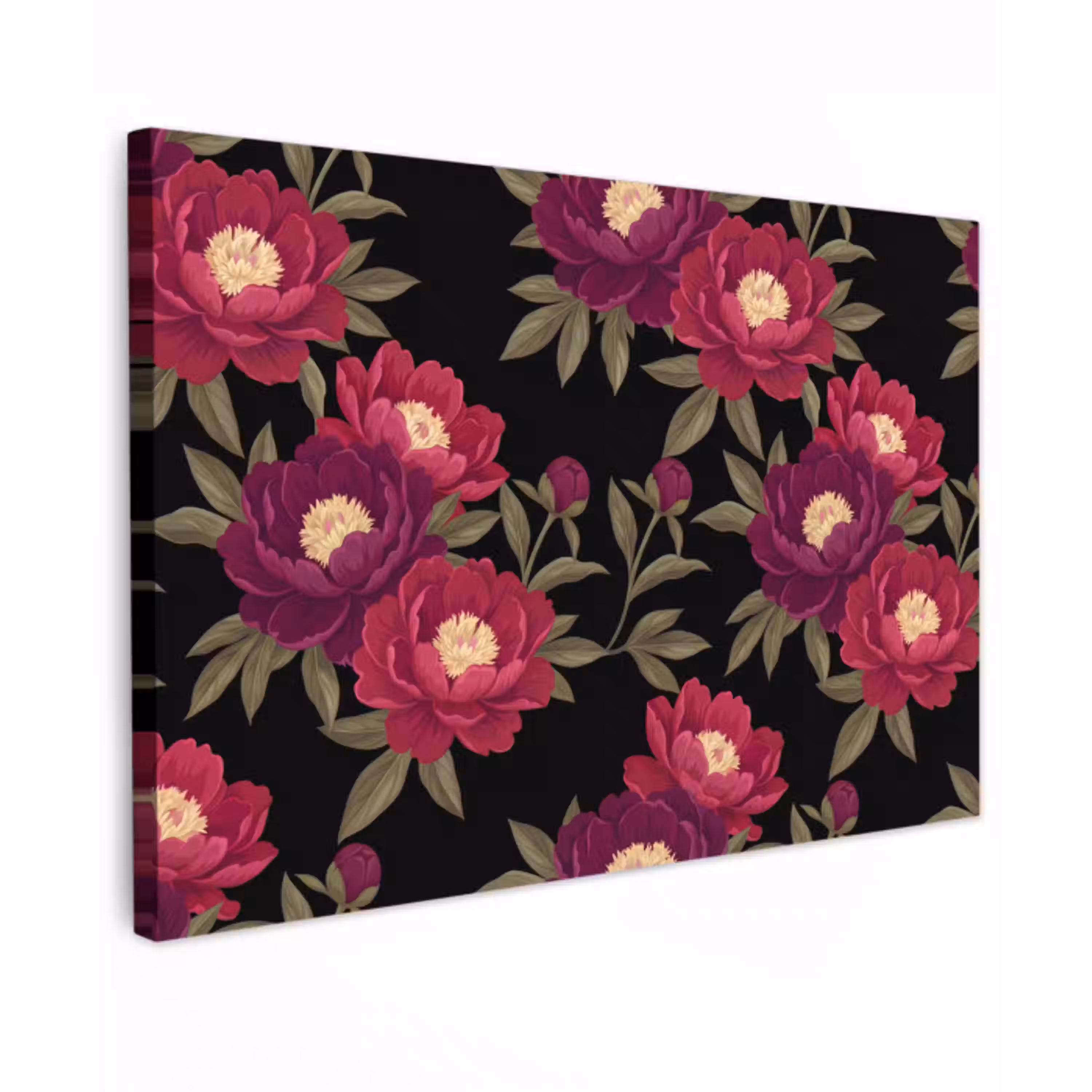 Bloemen - Patroon - Botanisch - Rood - Zwart canvas 2cm klein -z3d