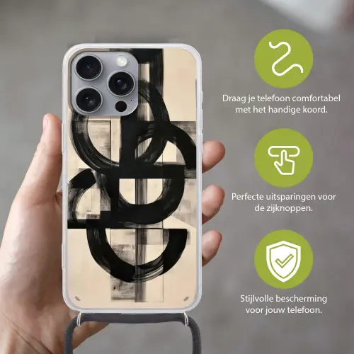Cirkels - Lijnen - Vormen - Zwart Hoesje iPhone 16 Pro Max met koord klein -sfeer2_NL