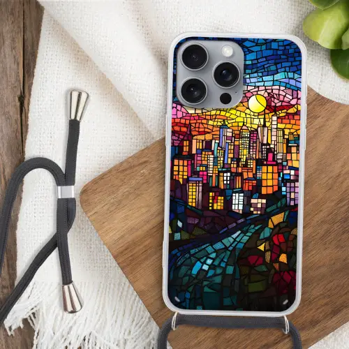 Stad - Maan - Mozaïek - Kleurrijk Hoesje iPhone 16 Pro Max met koord klein -sfeer4