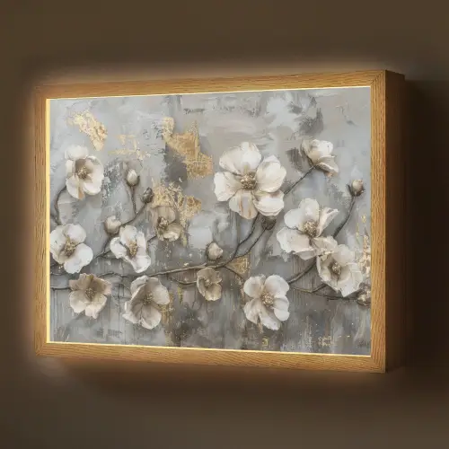 Bloemen - Wit - Grijs - Goud - Luxe Light Box met batterij (Wandlamp) middel -z3d_website