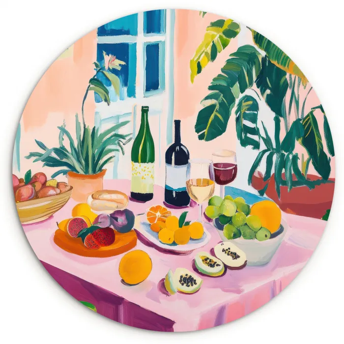 Tafel - Wijn - Fruit Wandcirkel plexiglas klein -3d