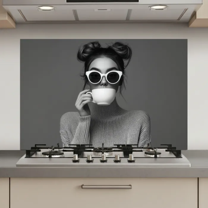 Vrouw - Koffie - Zwart - Wit keuken achterwand spatscherm klein -3d_website