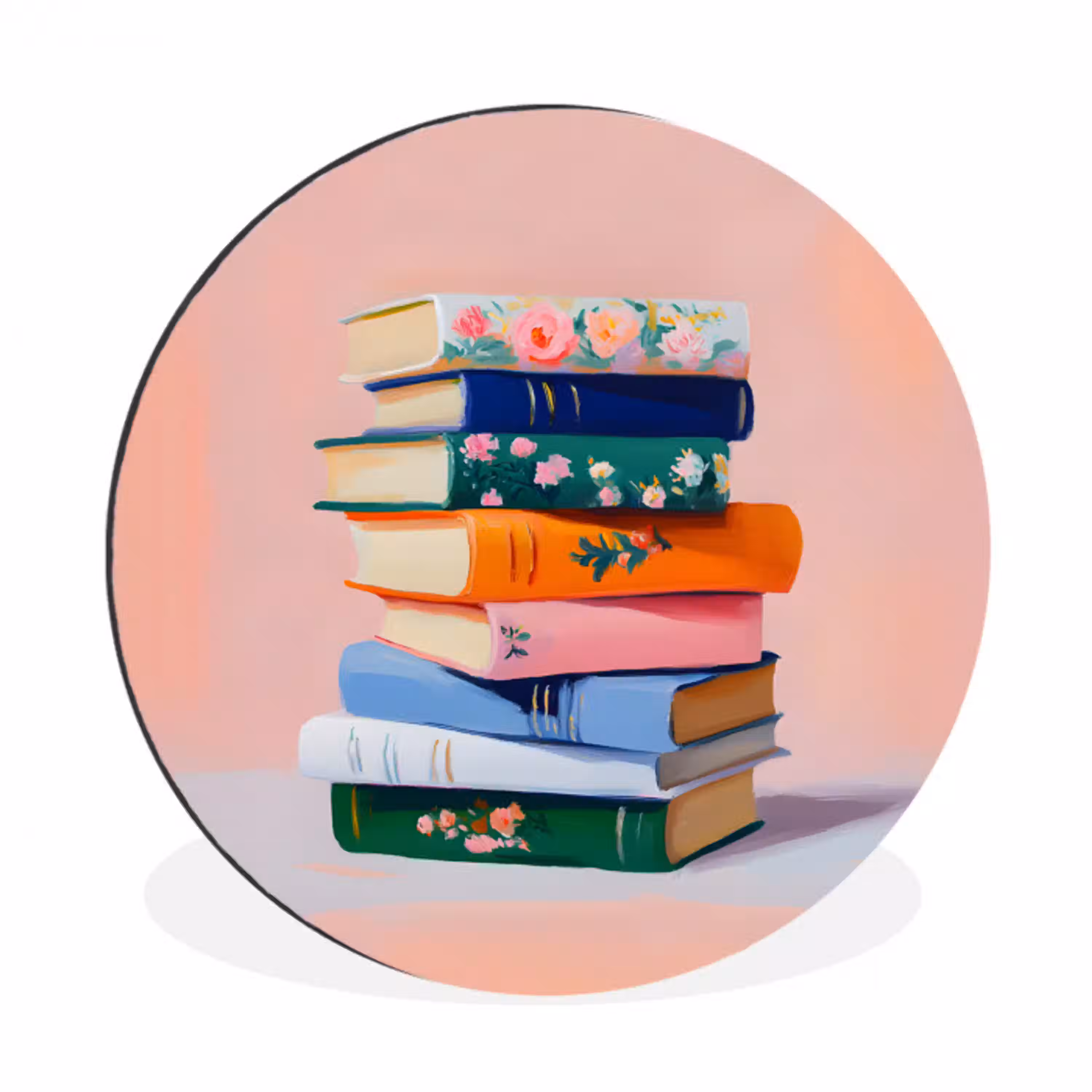 Boeken - Stapel - Kleurrijk Wandcirkel aluminium klein -3d