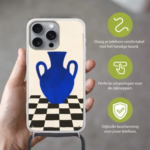 Vaas - Blauw - Geblokt - Modern Hoesje iPhone 16 Pro Max met koord klein -sfeer2_NL
