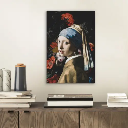 Meisje met de parel - Johannes Vermeer - Bloemen - Rood aluminium wit klein -sfeer1