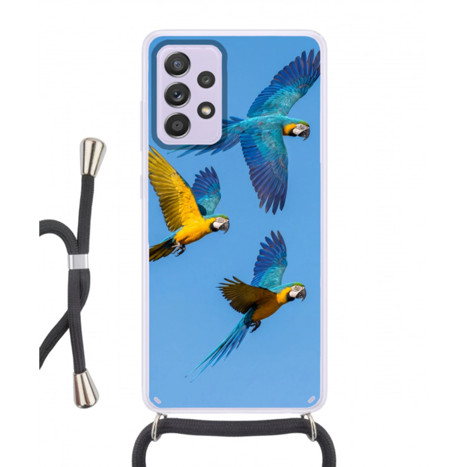 Papagaai - Vliegen - Blauw - Geel Hoesje Samsung Galaxy A52 5G met koord klein -3d