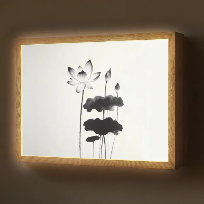 Bladeren - Zwart - Lotusbloem - Minimalitisch Light Box met batterij (Wandlamp) middel -z3d_website