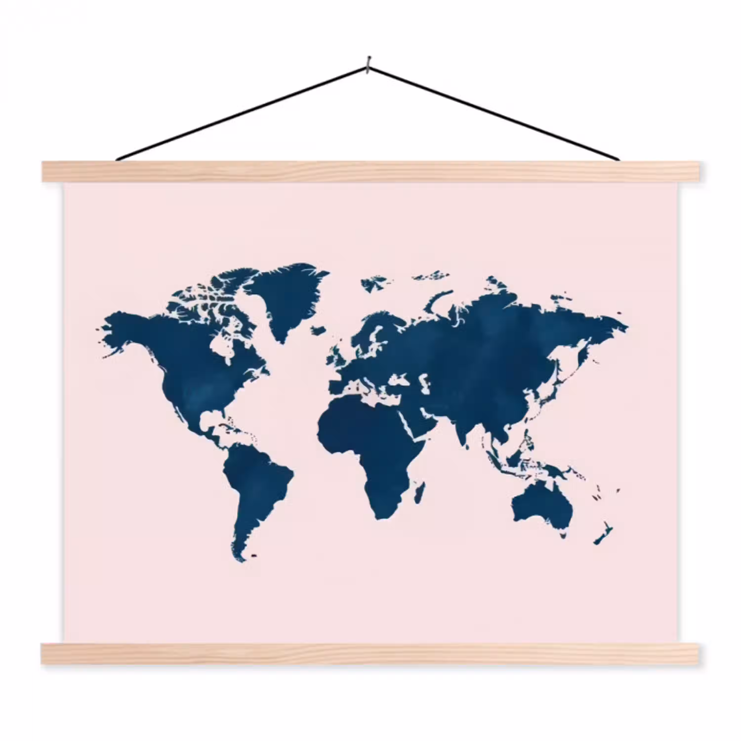 Wereldkaart - Blauw - Roze textielposter latten blank klein -3d