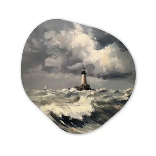 Vuurtoren - Golven - Storm Wandcirkel Organisch Plexiglas middel -3d