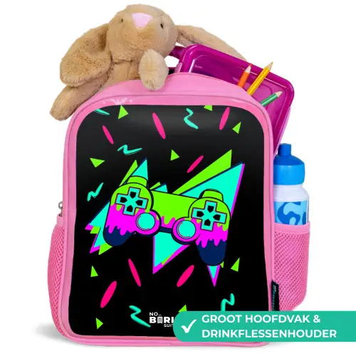 Neon controller op zwart Kinderrugzak - Roze middel -inhoud_NL