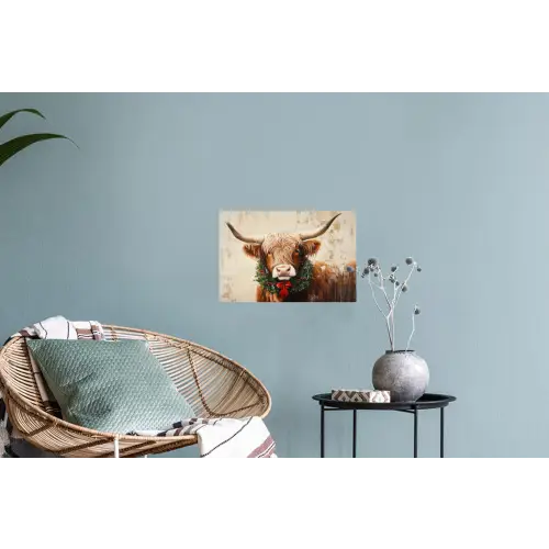 Kerst - Schotse Hooglander - Bruin - Krans Muursticker klein -plant