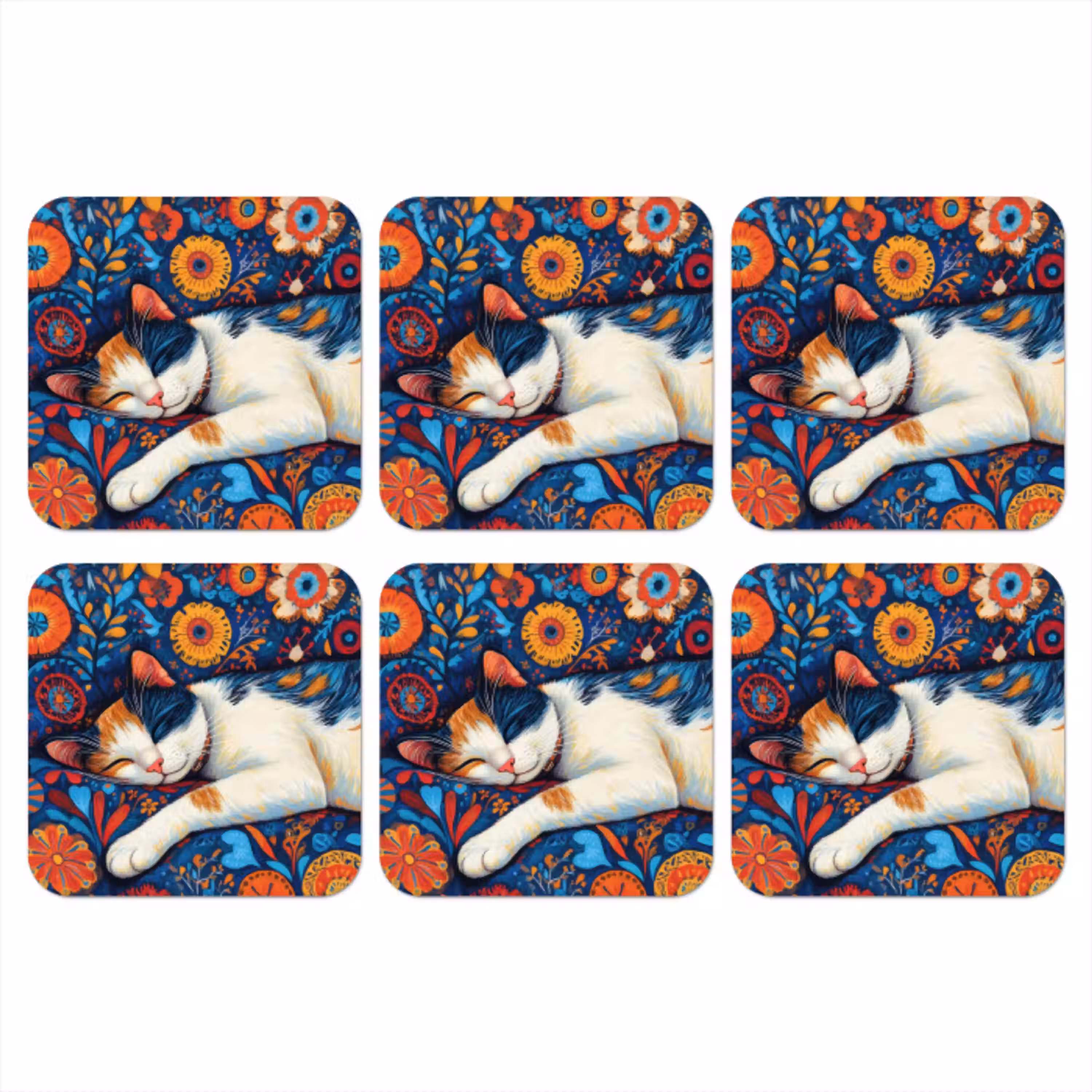 Kat - Bloemenpatroon - Blauw - Oranje onderzetter kurk middel -3d