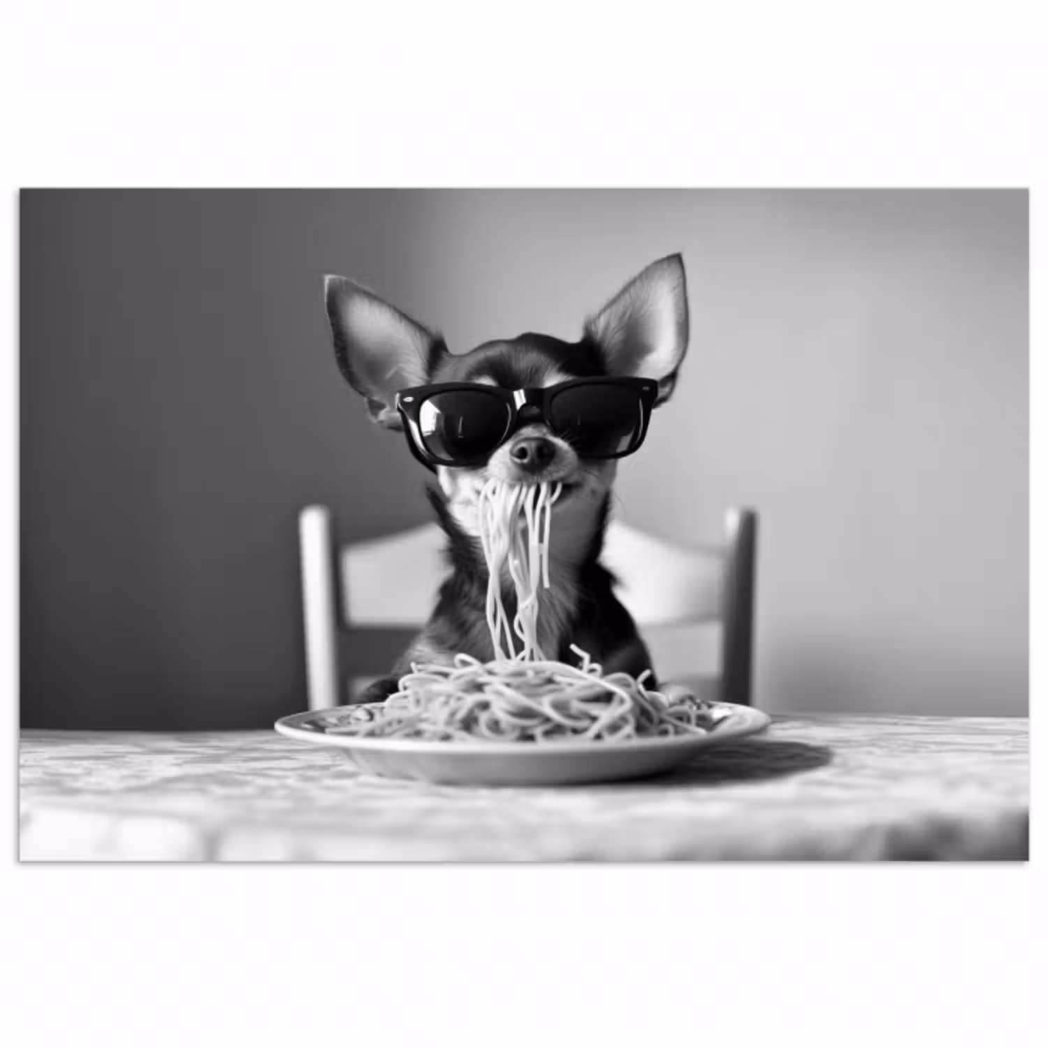 Poster - Chihuahua - Hund - Sonnenbrille - Humorvoll - Schwarz - Weiß - Spaghetti