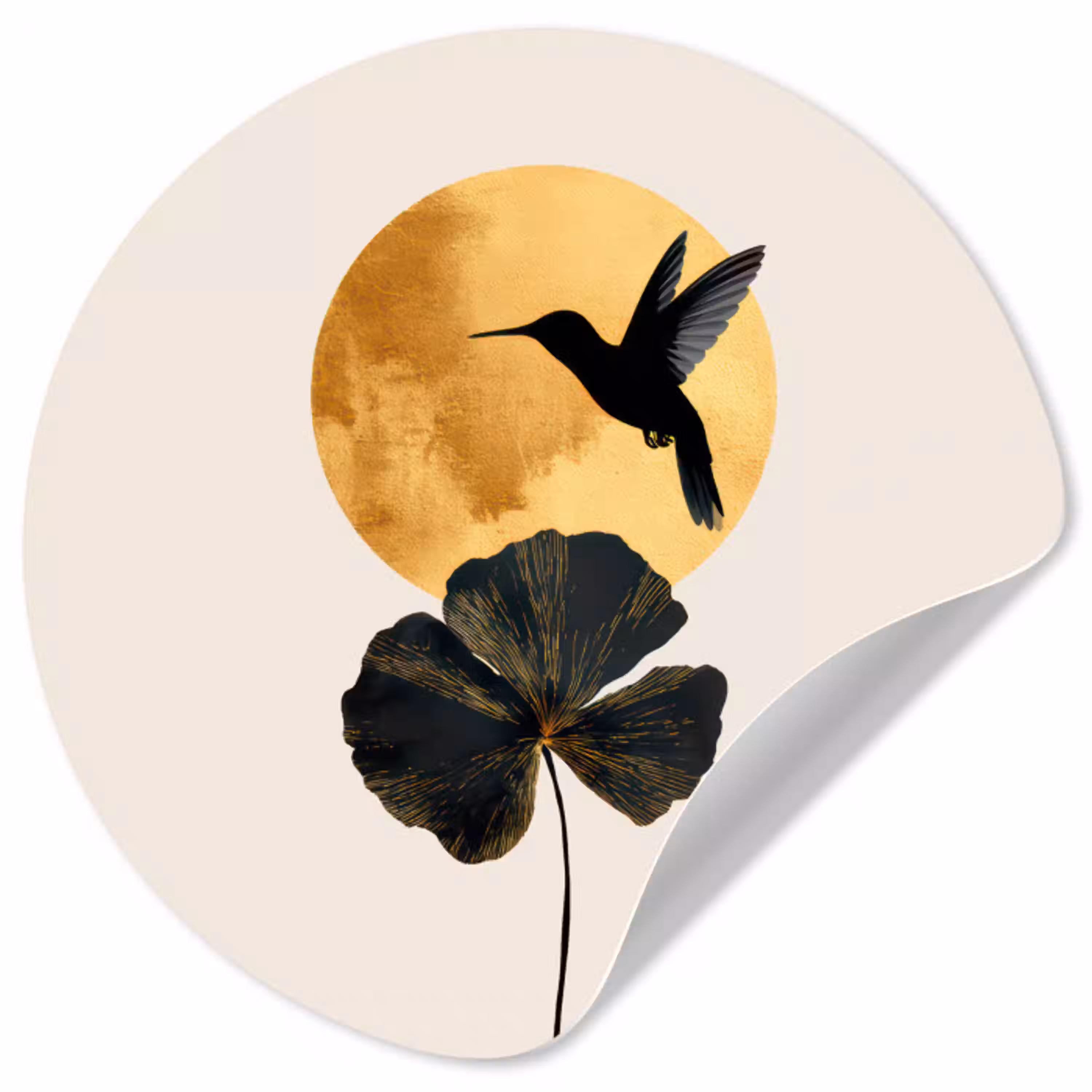 Zwarte kolibrie - Bloem - Gouden cirkel Wandcirkel behangsticker klein -3d