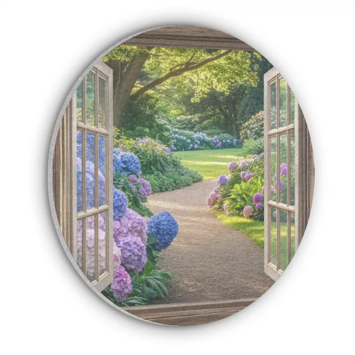 Doorkijk - Tuin - Raam - Hortensia - Bloemen Akoestische PET Vilt - Rond klein -3d