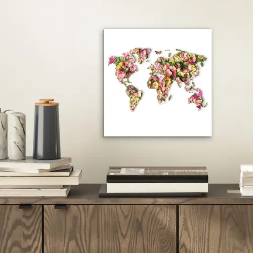 Wereldkaart - Bloemen - Felgekleurd aluminium wit klein -sfeer1
