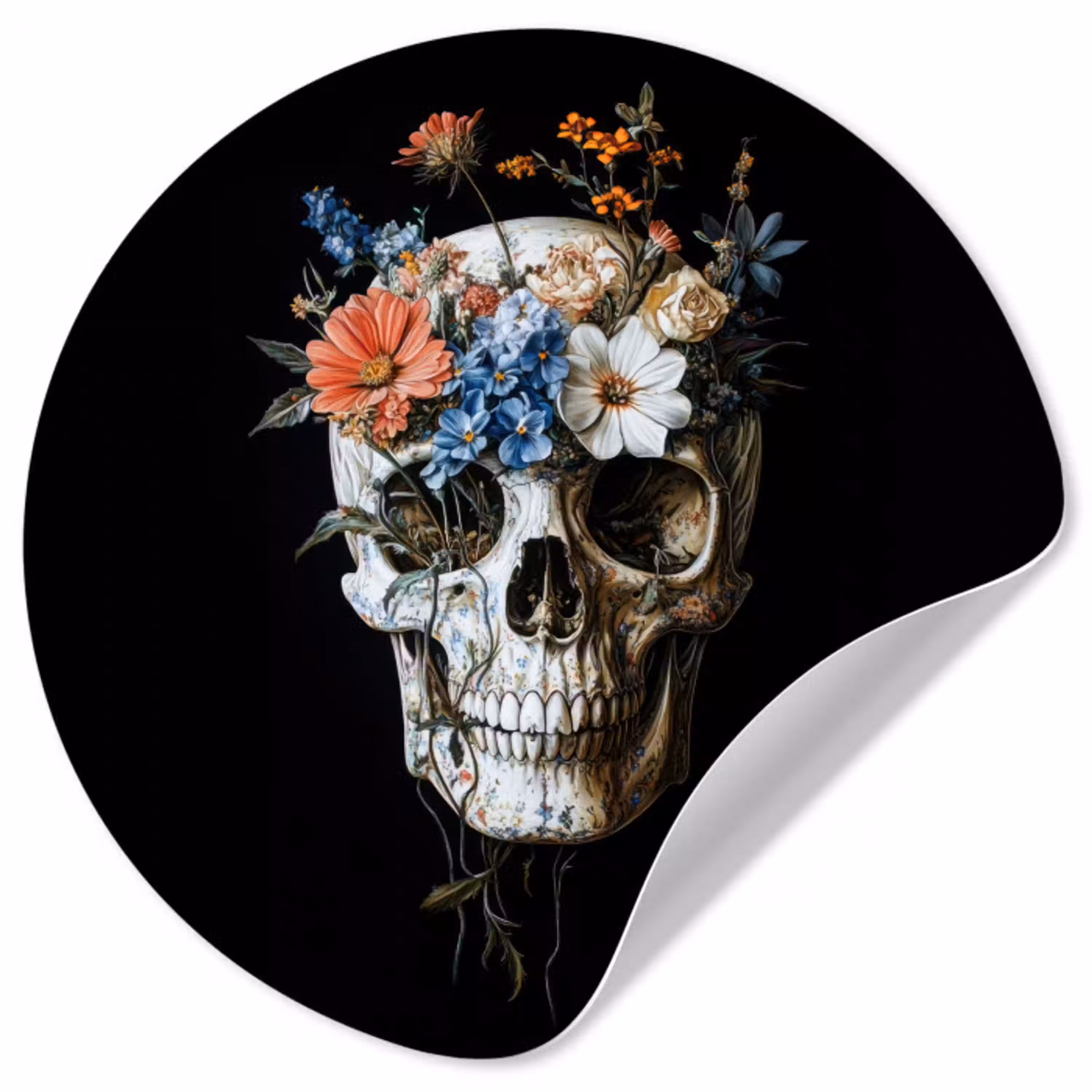 Bloemen - Schedel - Kleurrijk Wandcirkel behangsticker klein -3d