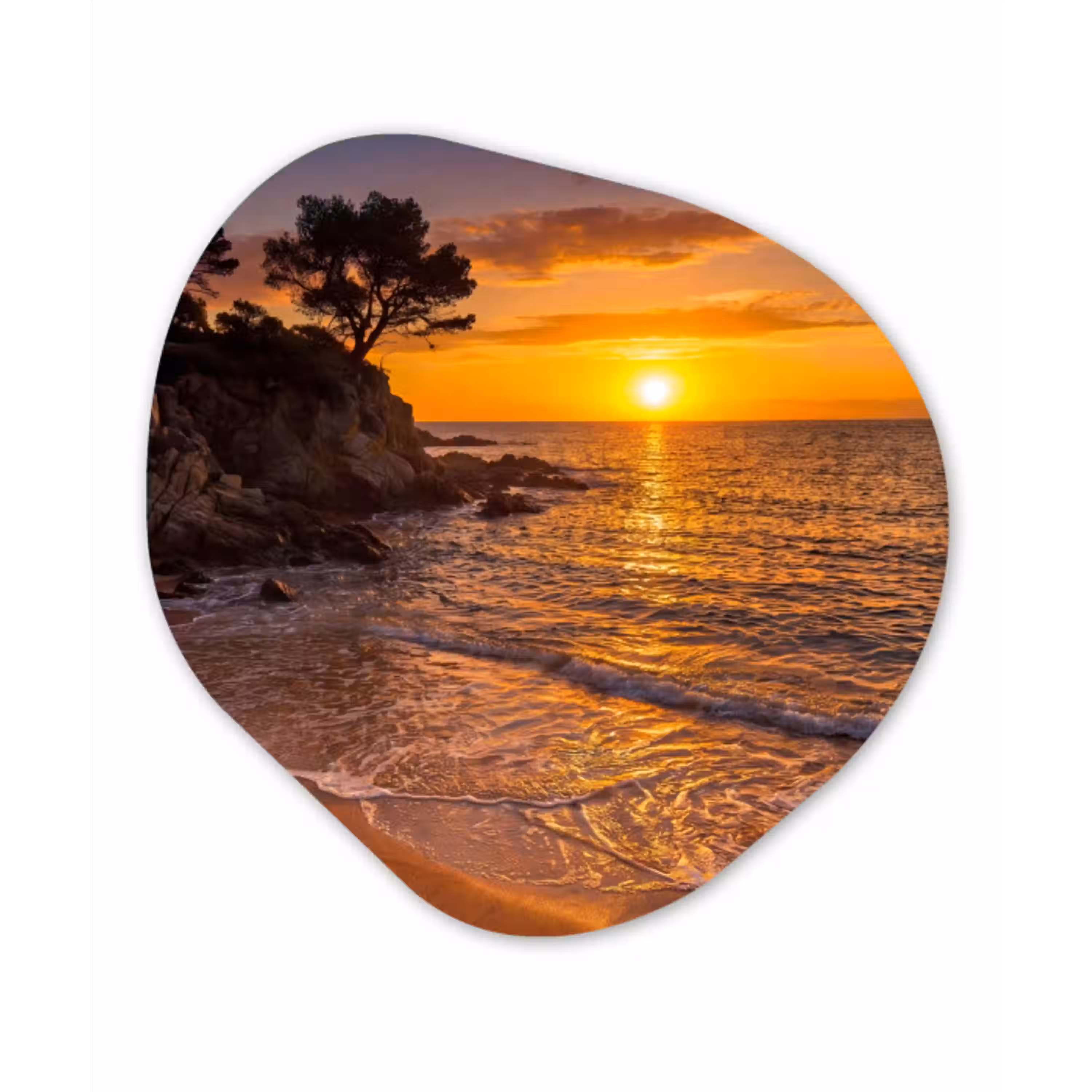 Zee - Kust - Zonsondergang - Natuur - Oranje Wandcirkel Organisch Aluminium middel -3d