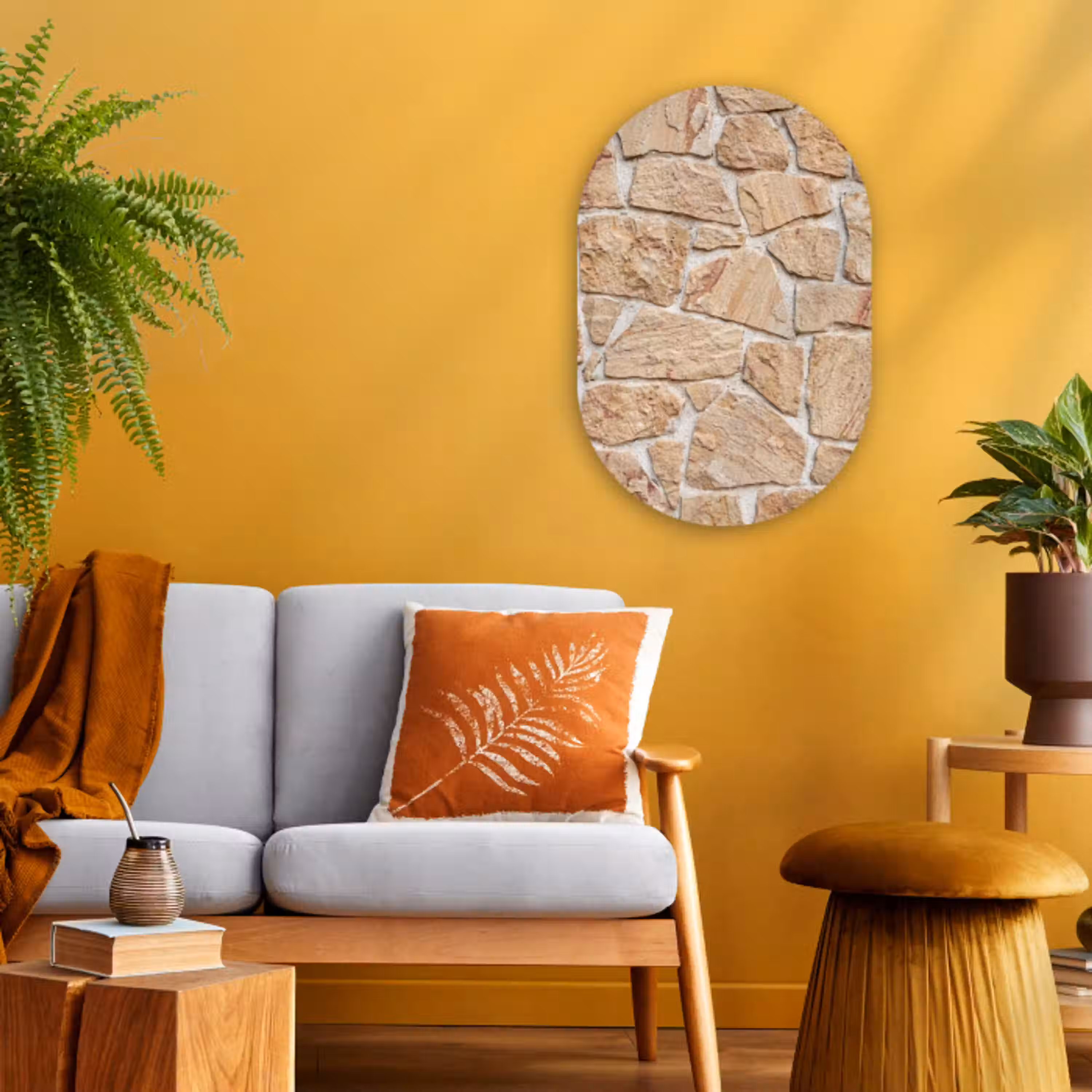 Muur - Steen - Patroon - Rustiek - Beige Wandcirkel Ovaal Forex klein -sfeer4