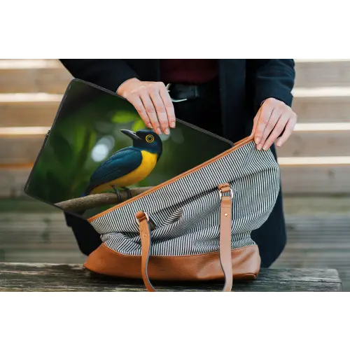 Vogel - Tak - Geel - Bladeren laptophoes neopreen klein -tas