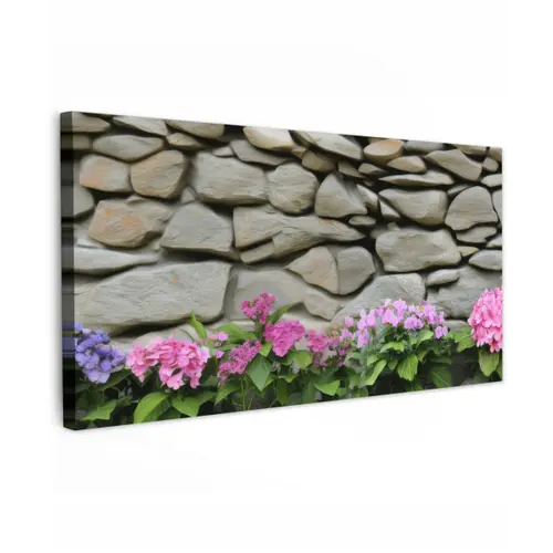 Hortensia’s - Stenen - Muur - Bloemen Tuinposter op houten frame 2 cm dik xxl -3d