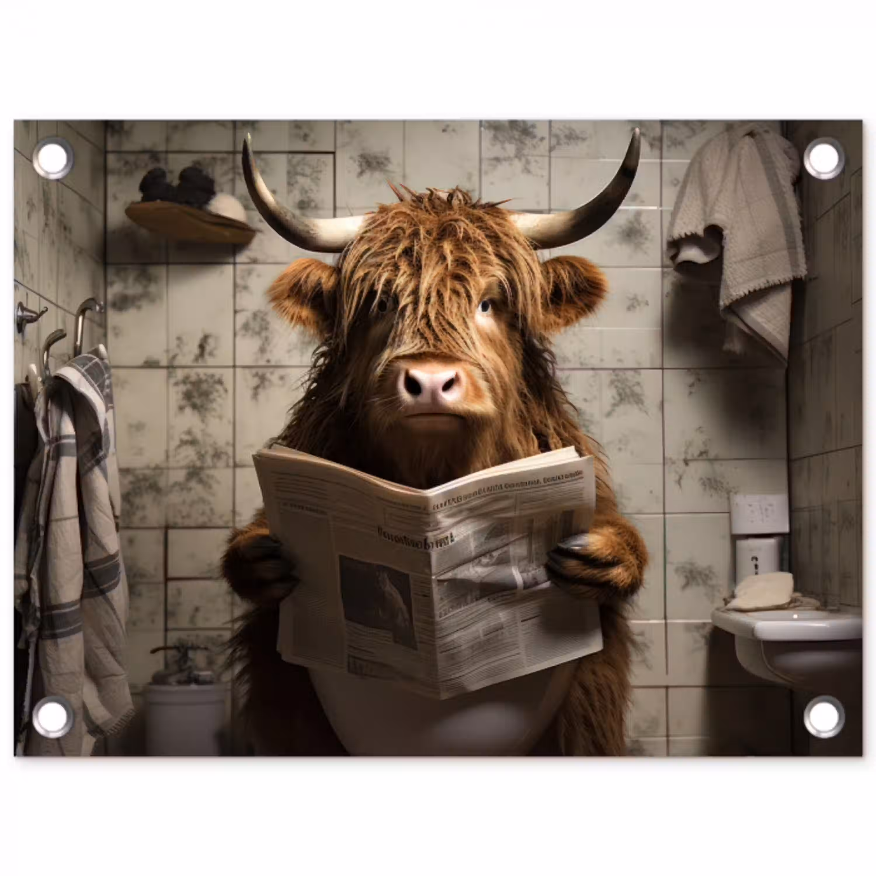 Schotse hooglander - Toilet - Krant - Badkamer tuinposter los doek klein -3d
