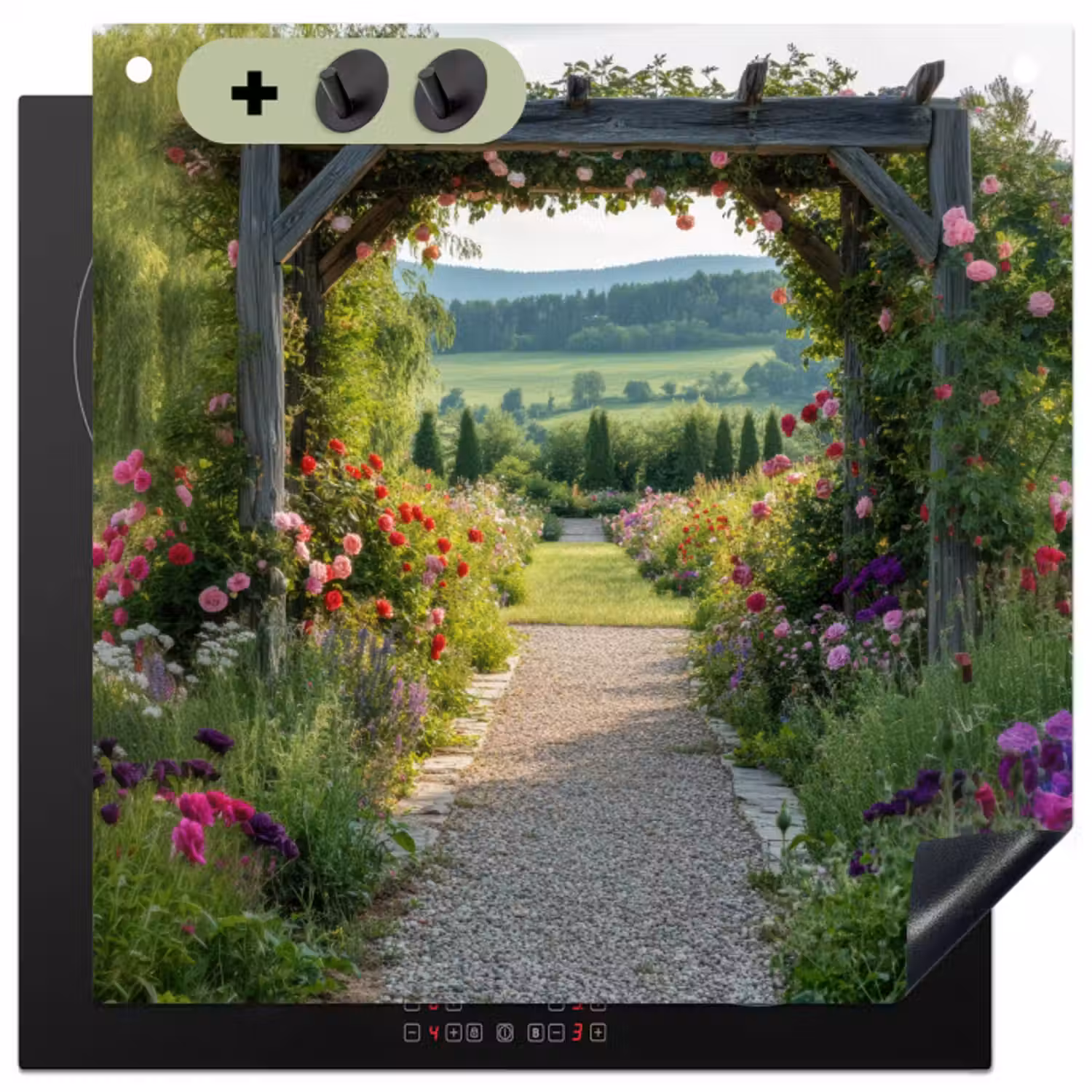 Inductie beschermer en spatscherm (2in1) - Doorkijk - Landschap - Natuur - Tuinboog - Bloemen